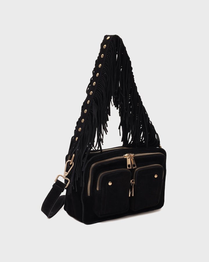 Núnoo Ellie Fringe Suede Black w. Gold Medium Black